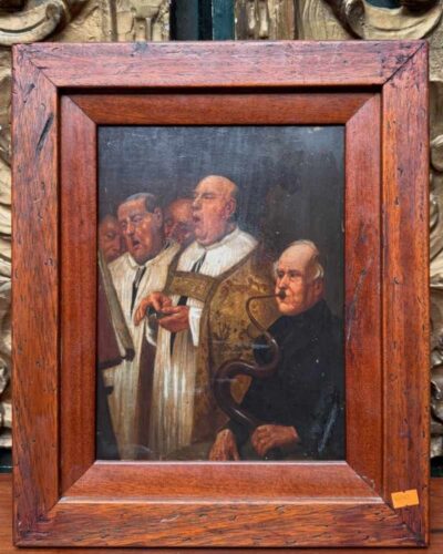 Óleo costumbrista de escena litúrgica