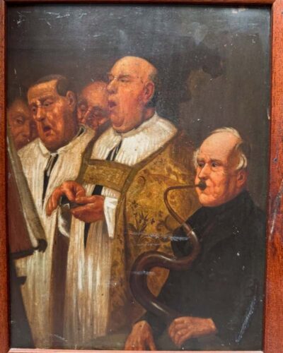Óleo costumbrista de escena litúrgica
